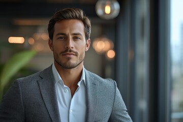 Aufkleber - Confident man smiling with arms crossed in a modern office setting during daylight hours