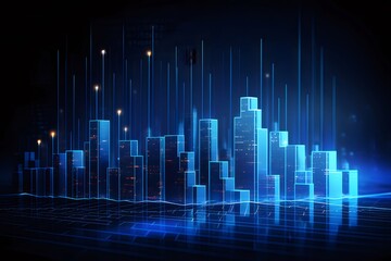 Poster - 抽象的な青い光る都市景観の未来的なデジタルネットワーク接続の背景とデザインパターンとグラフィック要素