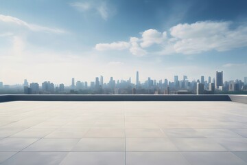 Aufkleber - 明るい都市のスカイラインの眺めと幾何学的な床のある都会の屋上テラスのパノラマ