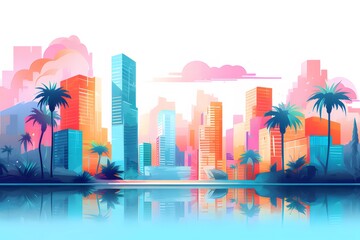 Aufkleber - マイアミの高層ビル群と水面に反射するカラフルな都市景観とヤシの木と晴れた空