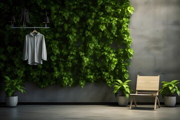 Poster - コンクリートの壁に緑の植物と木製の椅子を備えたミニマリストのインテリアルームのデザイン