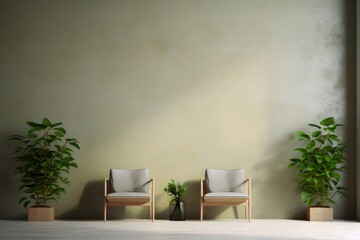 Aufkleber - 柔らかな光が差し込む部屋のミニマルなインテリア ベージュの椅子と緑の植物が並ぶ 静寂と調和の空間