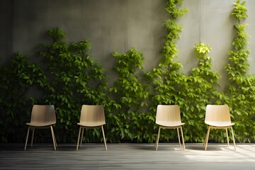 Aufkleber - 木製の椅子が並びツタが茂るコンクリート壁を背景にした静かな屋外シーン