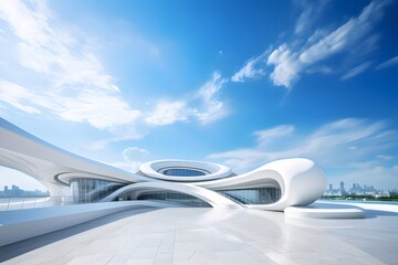 Aufkleber - 未来的建築デザインの白い建物と青い空の下での曲線的構造と都市景観の描写