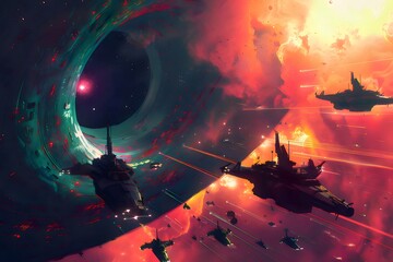 Poster - ピクセルアートのスタイルで宇宙船と星雲の惑星を特徴とするカラフルな宇宙風景イラスト