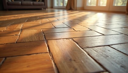 Poster - Close-up parquet floor in a room. Wooden floor boards with natural sunlight. Home interior decor. Warm home with light and wood texture. Building materials.