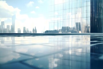 Aufkleber - 水たまりに反射する摩天楼の眺め モダンな都市の風景 空と高層ビルの反射が美しい都市の景観 モダン建築のデザイン