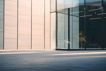 Poster - モダンなガラス張りの建物 建築デザインと幾何学的なディテール 光と影の反射 コンクリートの床と都会の背景が特徴