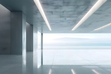 Poster - コンクリートの柱と天井のミニマルなインテリアデザイン 白い背景にシンプルな構造と幾何学的なライン モダンで抽象的な空間