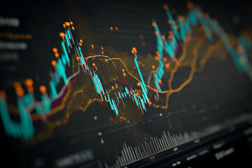 Poster - Close-up of vibrant teal, orange, and purple financial charts on dark screen, showcasing market trends and data analysis, ideal for business or finance concepts