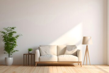 Aufkleber - 白い壁の背景にミニマリストのリビングルーム ベージュのソファ 木製の床 緑の植物と三脚ランプを備えた明るいインテリア