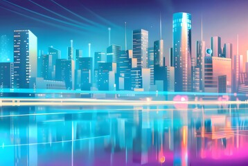 Aufkleber - 青と紫の光が反射する水辺の未来的な都市景観 高層ビルが立ち並ぶ夜の街並みは抽象的で現代的なデザイン