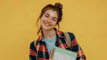 Aufkleber - A young woman with a cheerful smile stands against a solid backdrop, carrying books and wearing a backpack. Her attire and demeanor suggest she is a student, possibly heading to or from classes.