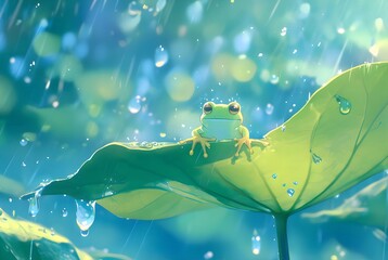 Poster - 緑豊かな背景に蓮の葉の上の緑色のカエルが雨の日に水滴に囲まれているのどかな画像