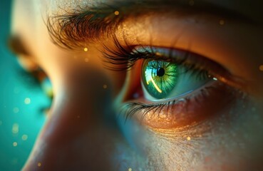 Poster - Close-up of engineer eye with data reflection. Green eye with eyelashes. Detail of engineering process. Visualizing data analytics. Innovation, tech, science. Information, analysis, optimization,