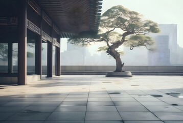 Poster - 日本の庭園にある伝統的な木造建築と盆栽の静かな風景 穏やかな雰囲気の日中の光景