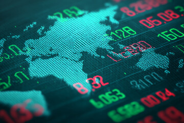 Poster - Teal world map digital display with red and green financial data, symbolizing global finance, market trends, and economic analysis