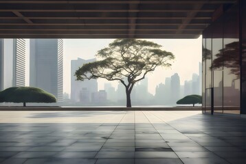 Poster - 都市景観を望むミニマルなコンクリートの構造フレームと建築風景 夕暮れ時の高層ビルと木の静けさ