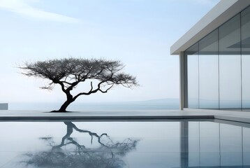 Aufkleber - プールサイドにある孤立した木とモダンな建築物 穏やかな水面 単純な構造要素 反射と青い空のあるミニマリストの屋外デザイン