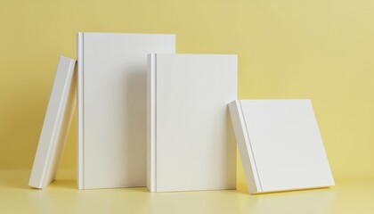 Aufkleber - Three blank white hardcover books, different sizes on yellow background. Books leaning against. Clean minimal presentation with copy space for text logo. Advertising design education concept.