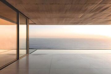 Aufkleber - 海景を望むミニマルなコンクリート建築 テラスからの夕日 空と海の眺めが美しいモダンデザイン