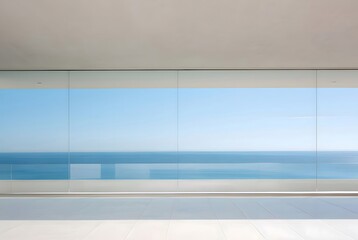 Poster - 明るい白を基調とした部屋からの穏やかなオーシャンビューと青い空のミニマルな眺め