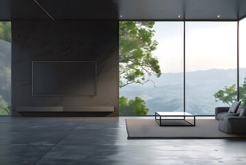 Poster - 緑豊かな景色の背景に現代的なコンクリートのリビングルームのインテリアと灰色のソファと四角いガラスの窓から見える背景