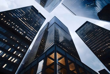Aufkleber - 青空の背景にそびえ立つ高層ビルの低いアングルショット 未来的なガラス張りのビジネスビルが都市景観を照らすミニマリストデザイン