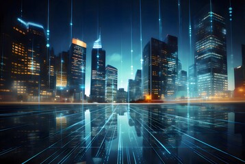 Aufkleber - 夜のデジタル都市景観青色のライトと高層ビルの反射技術的な都市景観と未来的な雰囲気