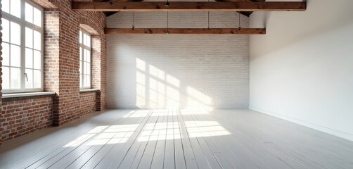 Poster - Modern empty loft interior with exposed brick wall. Large windows provide natural daylight, bright lighting. Open space studio or warehouse for design, art, photo, video content.