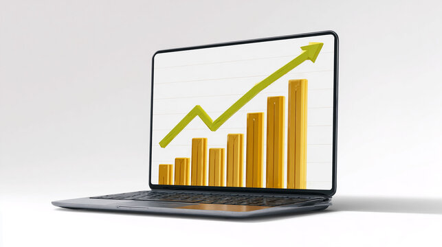 Laptop screen displays upward trending bar graph, symbolizing growth, success, and progress in business analytics