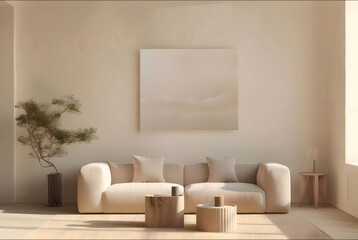 Aufkleber - ミニマリストリビングルームの穏やかなベージュのインテリア ソファとアートが飾られた壁 シンプルなデザインの空間でリラックス