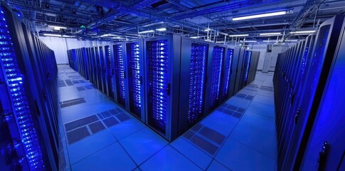 Poster - Bright blue-lit data center with multiple rows of modern server racks in a triangular arrangement, ideal for technology content and IT infrastructure visuals