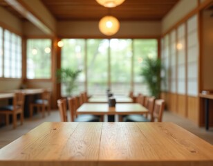 Poster - Empty wooden table, blurred background of japanese restaurant interior. Traditional asian decor, warm light, dining room design. Modern japan eatery, bar, sushi restaurant interior, nobody.