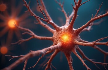 Poster - Illustration of neuron structure, human nervous system. Science, medical research concept of nerve cell. 3D render of biological cell in the brain. Neurobiology, healthcare, technology, medicine.
