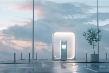 Aufkleber - 曇り空の下で光る電気自動車充電ステーション 未来的な屋外の充電風景と水たまりの反射