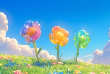 Poster - 晴れた日の青空の下の緑の牧草地にあるパステルカラーの装飾的な花のクローズアップ
