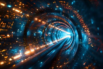 Aufkleber - 青とオレンジのライトが特徴的な未来的な技術トンネルは、データ、ネットワーク、高速通信を表しています