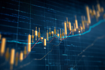 Poster - Close-up of financial chart showing candlestick pattern and trendline, symbolizing market analysis, investment, and growth, ideal for business or finance concepts