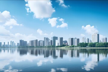 Aufkleber - 湖に反射する高層ビル群のある晴れた日の都市景観 青い空と白い雲が広がる現代的な建築風景