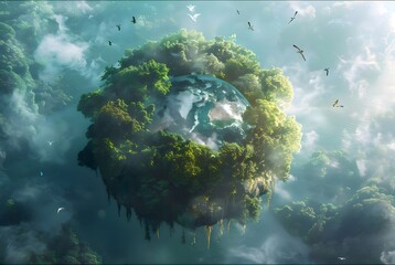 Poster - 緑豊かな樹木に囲まれた地球が浮かぶ幻想的な惑星の風景 雲と光が織りなす神秘的な環境保護のイメージ