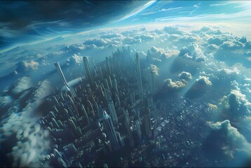 Poster - 地上の未来的な都市景観、青い空と雲、空中都市、デジタル生成のライト、建築、高層ビル、夜景、技術革新