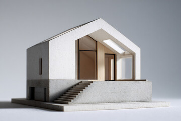 Aufkleber - Architectural model of a modern house, showcasing a minimalist design with gray and white textured surfaces, stairs, and a garage, representing contemporary home design