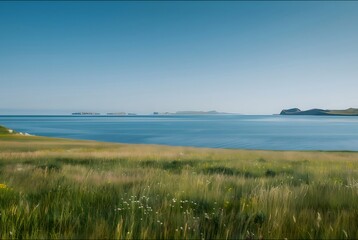 Aufkleber - 晴れた日の穏やかな海と緑の草原の風景 イギリスの海岸線風景 青い空と穏やかな海の風景 海岸沿いの島々と鮮やかな緑の草地