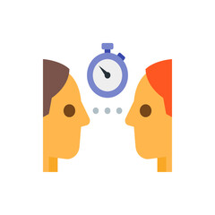 Poster - Two stylized heads facing each other with a stopwatch and three dots in between them in a white background