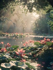Poster - 太陽が差し込む緑豊かな池に咲くピンクの蓮の花のクローズアップ、霞がかった背景と水の反射