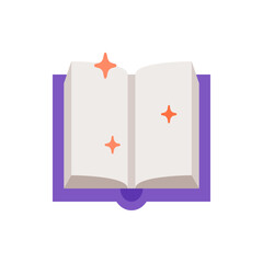 Poster - Illustration of an open book with blank pages and orange star shapes on a purple background design