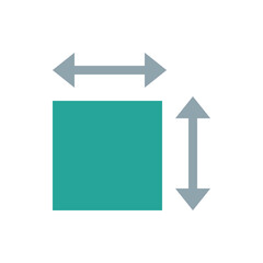 Poster - Illustration showing a teal square with a horizontal and vertical gray arrow indicating dimensions and size