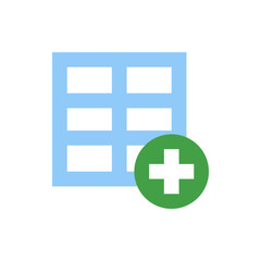 Poster - A light blue grid with white rectangles and a green circle containing a white plus sign on the bottom right