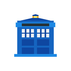 Poster - Illustration of a blue police box with white windows and a gold light on top against a white background